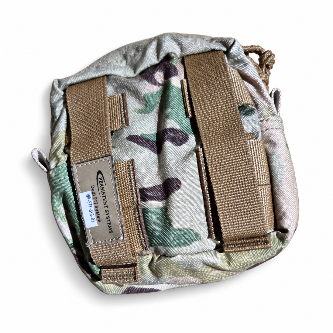 Persistent Systems Dual PTT System pouch rear angle showing attachment straps and original kit-reference label
