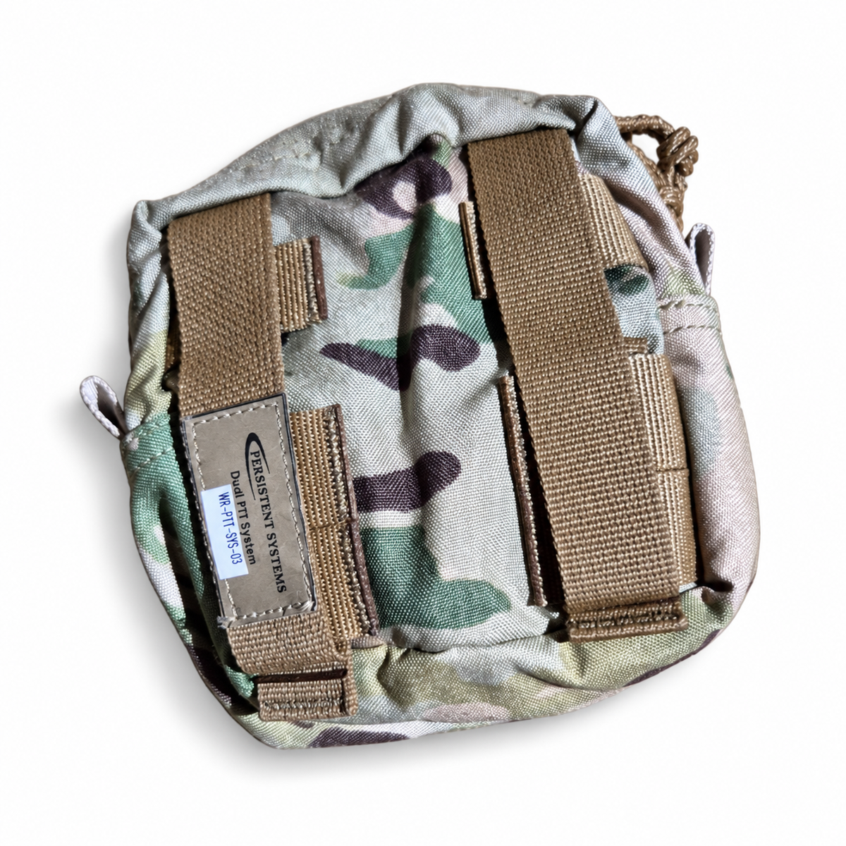 Persistent Systems Dual PTT System pouch rear angle showing attachment straps and original kit-reference label