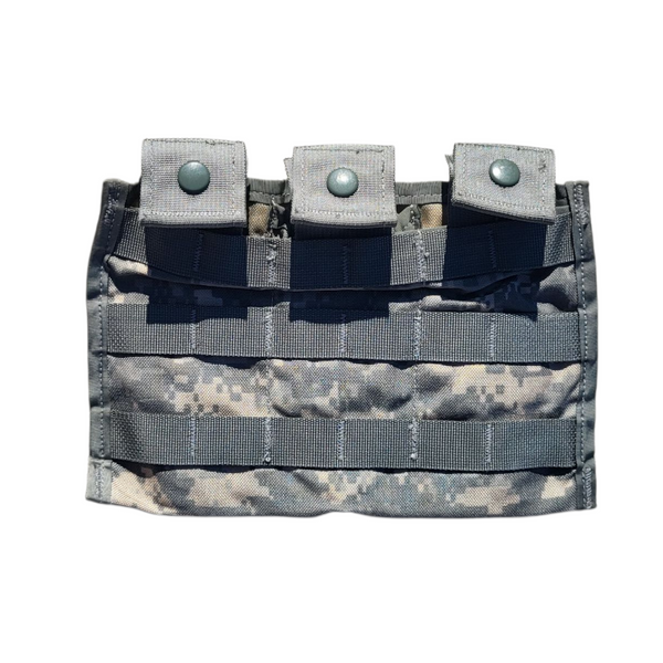 Camouflage tactical pouch with three magazine slots on a white background