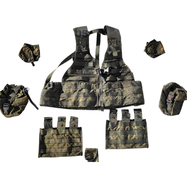 Camouflage tactical vest with 
accessories on a white background