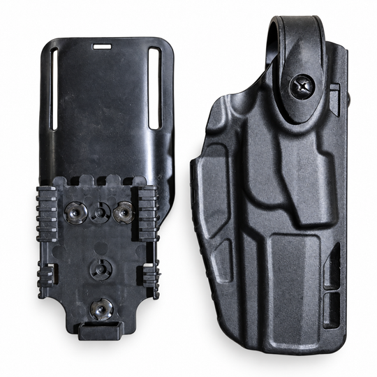 Black Safariland SIG P320 P250 holster beside included belt mount and QLS receiver