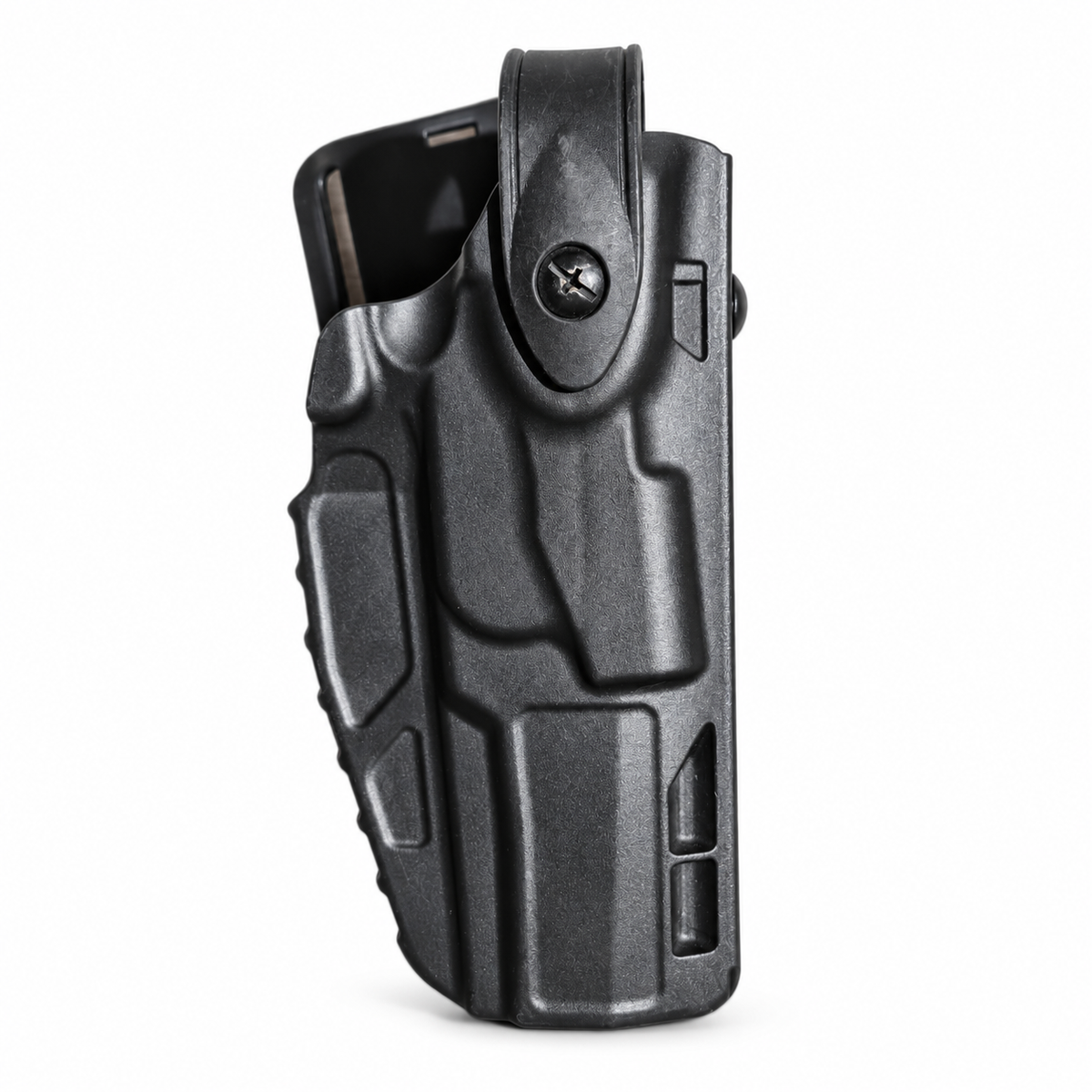 Assembled front view of used black Safariland holster and belt mount