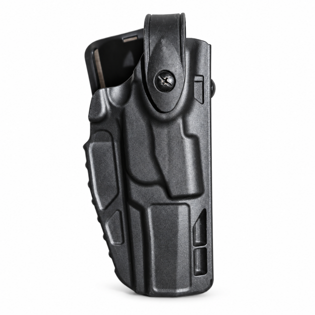 Assembled front view of used black Safariland holster and belt mount