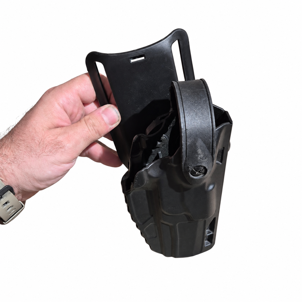 Front angle of used black Safariland holster with assembled belt mount