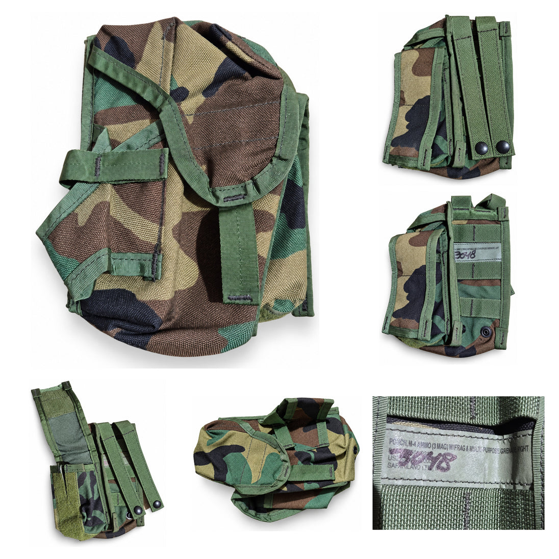 Safariland SPEAR ELCS woodland pouch collage with front, rear, open-flap, side and original label views