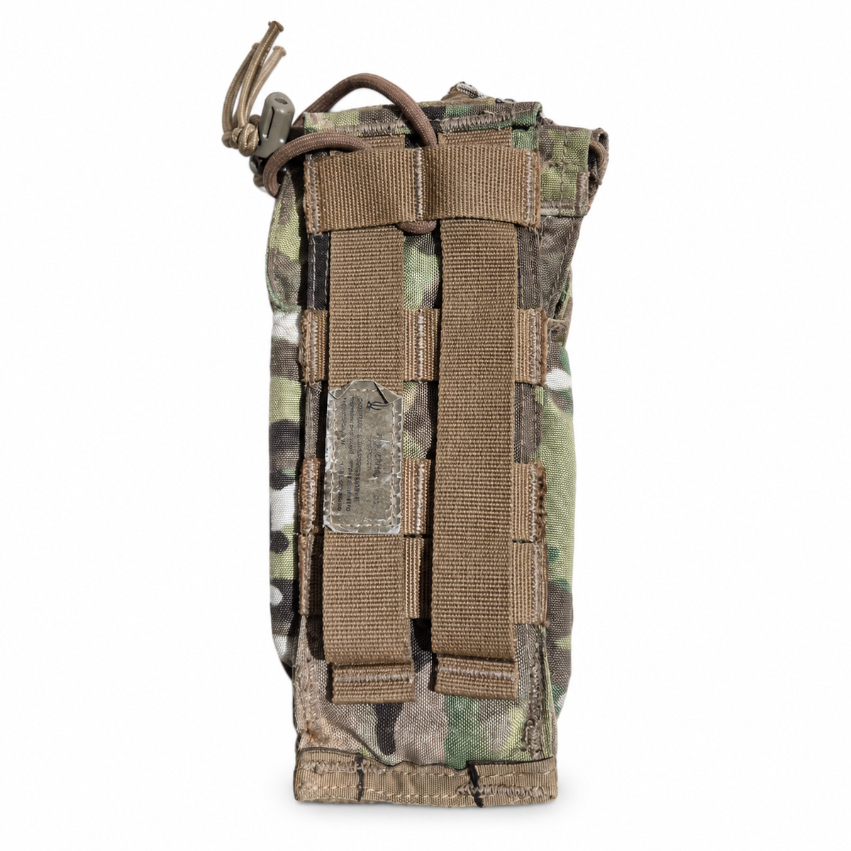Rear of TYR CM152 MultiCam radio pouch showing two MOLLE attachment straps and visible wear at lower binding