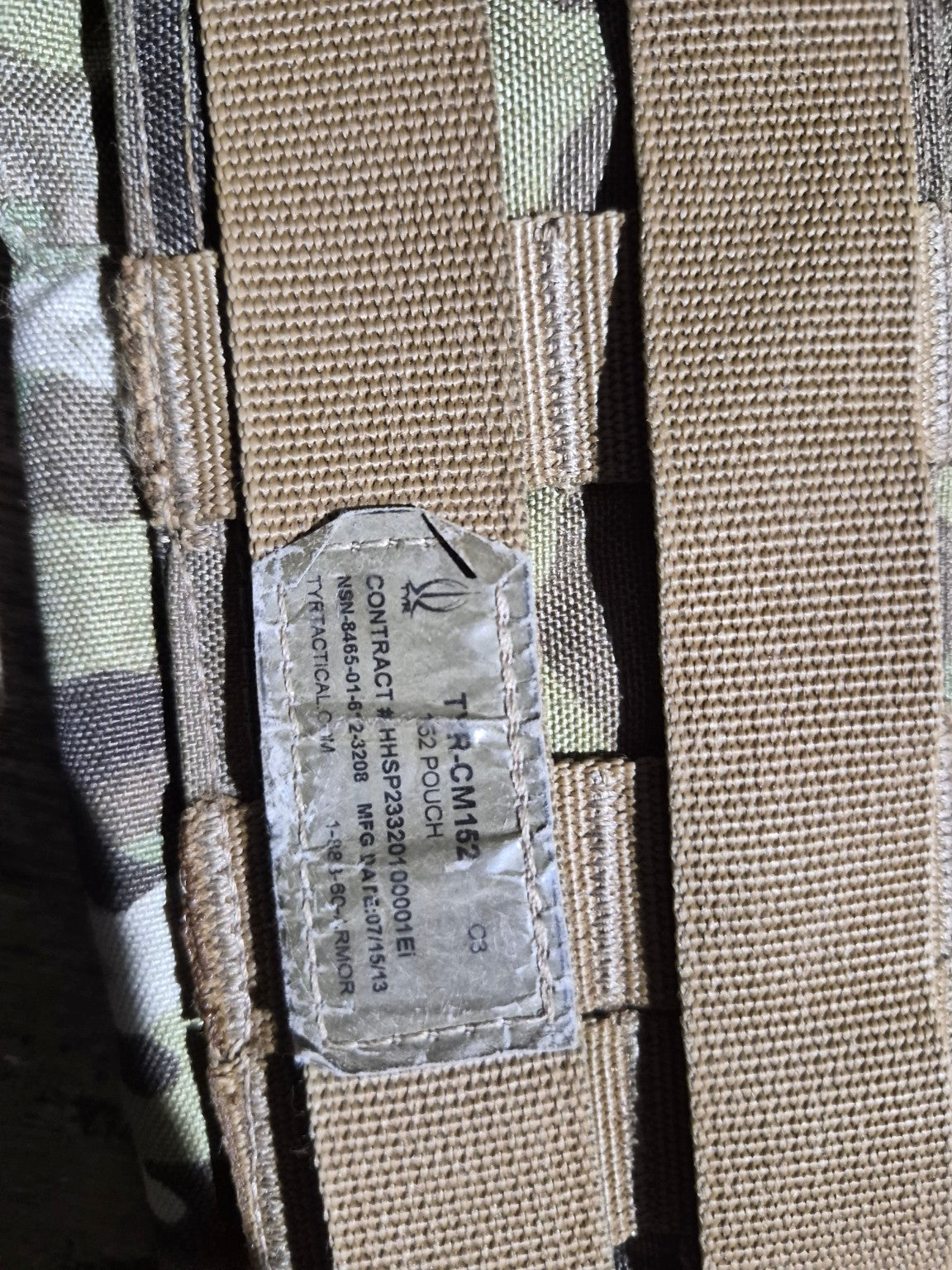 Original TYR-CM152 pouch label showing NSN 8465-01-612-3208 and manufacture date 07/15/13